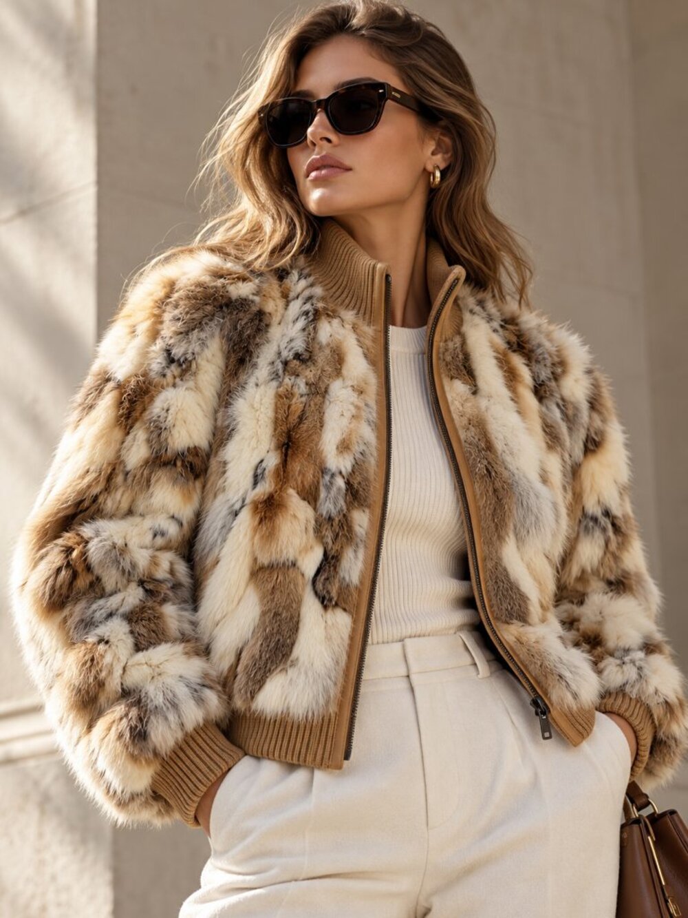 CO-OP Genuine Fur Leather Patchwork Bomber Jacket Size P